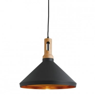 PENDANT - 1 Light Cone Gold Inner Black Outer With Wood Effect