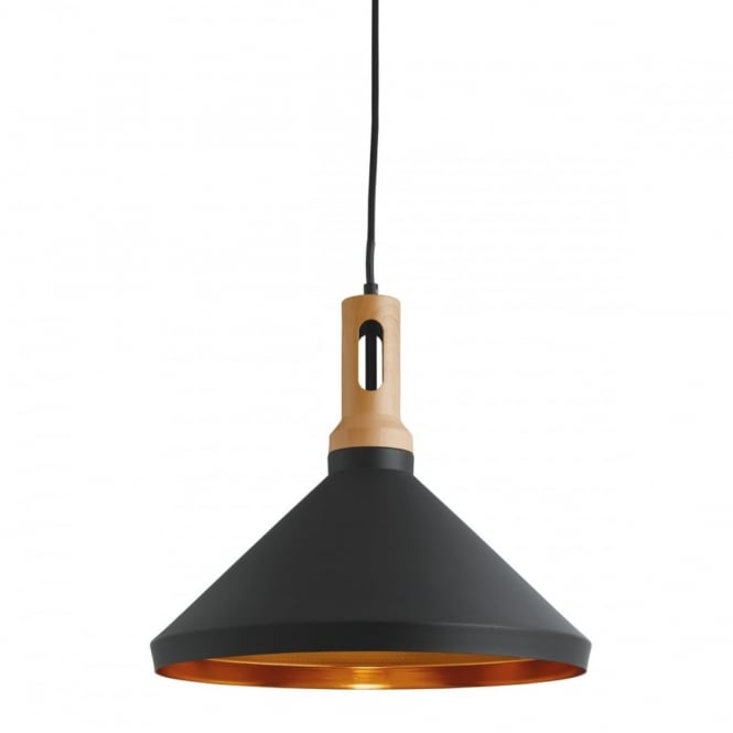 PENDANT - 1 Light Cone Gold Inner Black Outer With Wood Effect