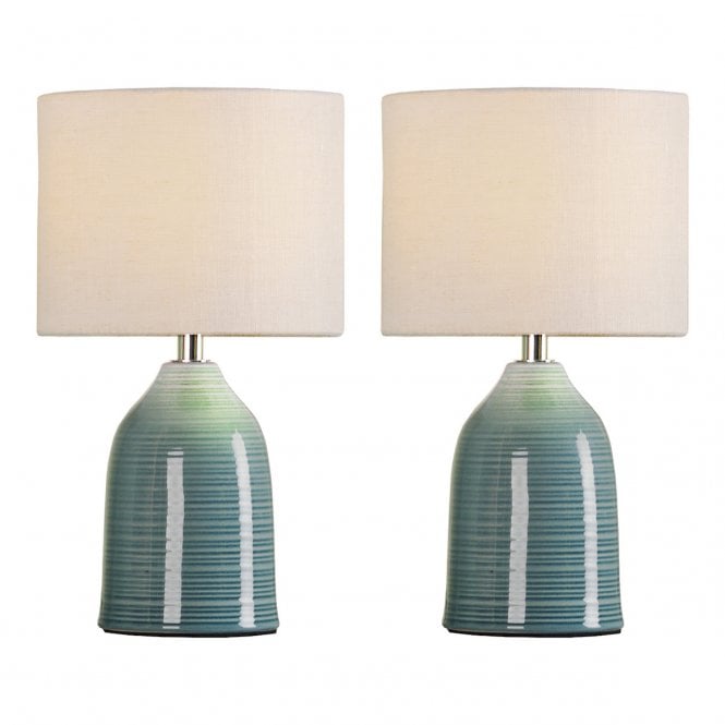Penny Table Lamp - Blue Crackle Glaze with Natural Linen Shade (Twin Pack)
