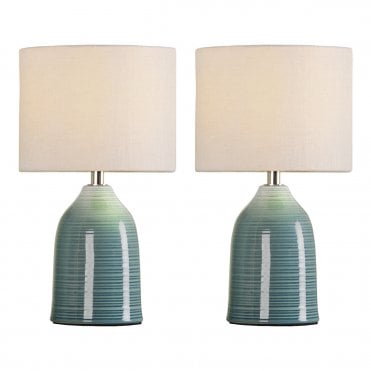 Penny Table Lamp - Blue Crackle Glaze with Natural Linen Shade (Twin Pack)