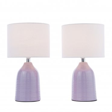 twin pack of purple ceramic table lamps with ivory linen shades