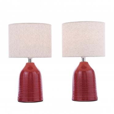 twin pack of red ceramic table lamp with natural linen shades