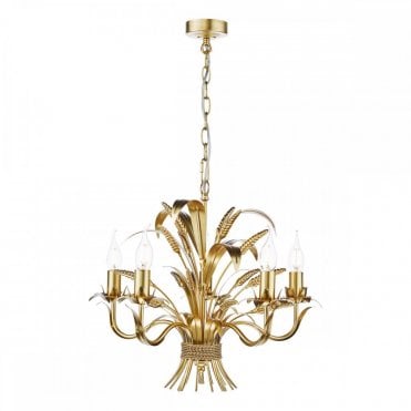 Phaedra 5 Light Gold Pendant with hand-applied wheatsheaf and leaf detailing by The Lighting Book