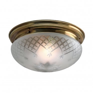 PINESTAR Large Clear Glass Victorian or Edwardian Flush Ceiling Light Distressed Brass