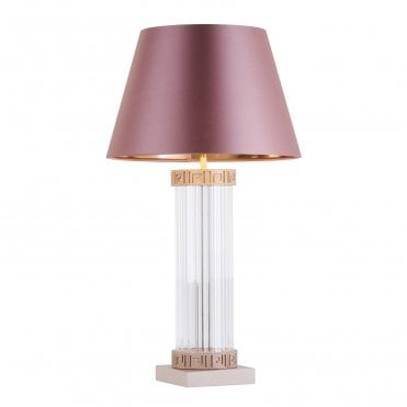 ribbed linear glass with greek key pattern table lamp in gold and cream