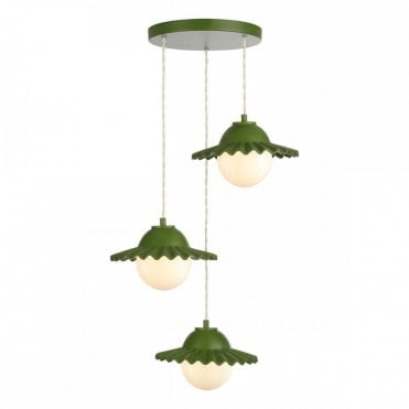 green 3 light cluster ceiling pendant with scalloped shades and opal glass 
