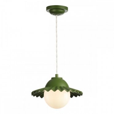 green sculptural ceiling pendant with scalloped edge and opal glass shade