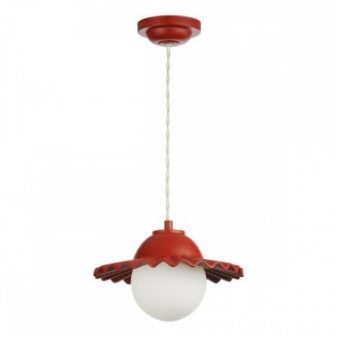 red ceiling pendant with scalloped brim and large opal glass globe shade