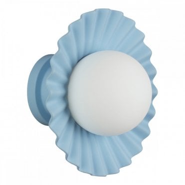 light blue scalloped wall light with round opal glass shade in the center