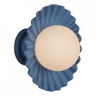 Blue scalloped wall light with round opal glass shade