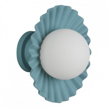 light green/blue scalloped wall light with round opal shade in center