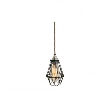 PRAIA - Black Industrial Cage Ceiling Pendant With Brown Flex
