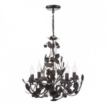 Priscilla 5 Light Pendant in Matt Black and Brushed Bronze with Floral Leaf Design by The Lighting Book