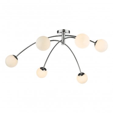 6 Light Semi Flush Fitting Polished Chrome Opal Glass