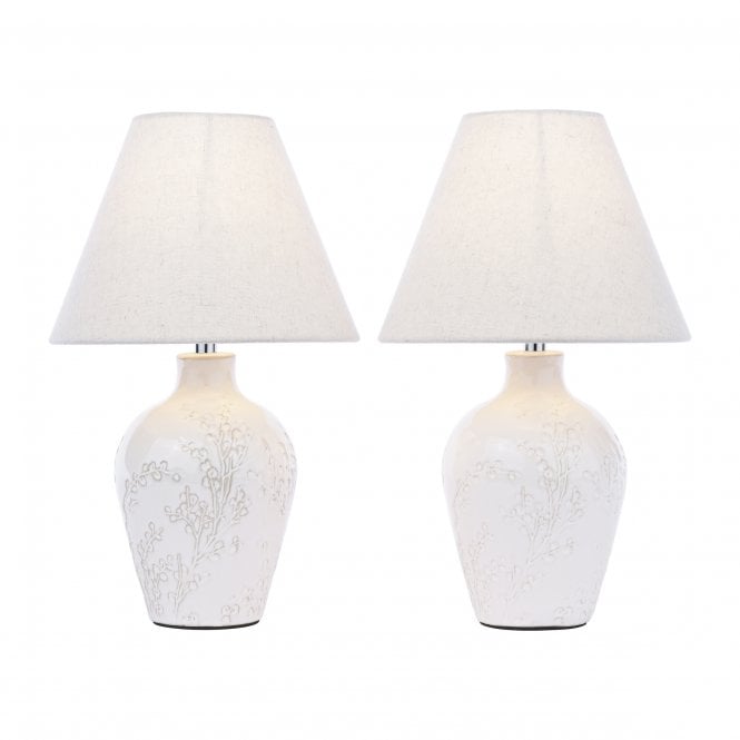 Pussywillow Table Lamp - Cream Ceramic with Coolie Shades (Twin Pack)