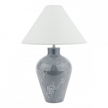 grey rounded ceramic table lamp base with pussy willow pattern and linen coolie shade 