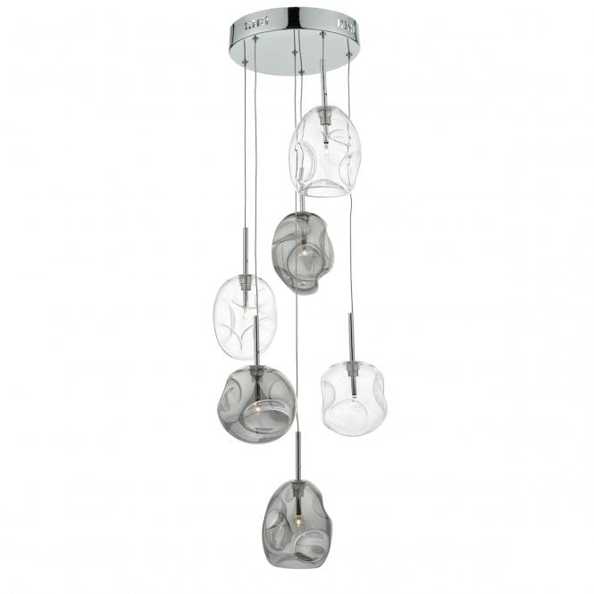 QUINN - 6 Light Ceiling Pendant Cluster With Mouth Blown Smoked And Clear Glass