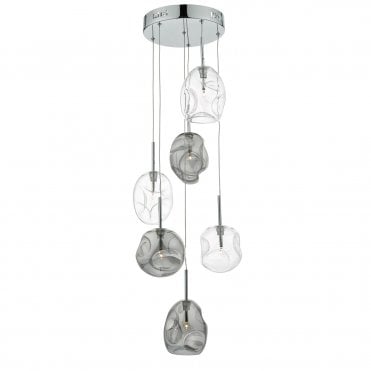 6 Light Ceiling Pendant Cluster With Mouth Blown Smoked And Clear Glass