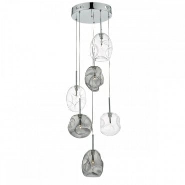 QUINN - 6 Light Ceiling Pendant Cluster With Mouth Blown Smoked And Clear Glass