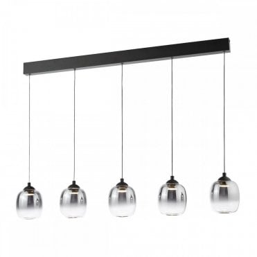 Ramona 5 Light LED Bar Pendant in Matt Black with Smoked Ombre Glass shades suspended over a modern kitchen island