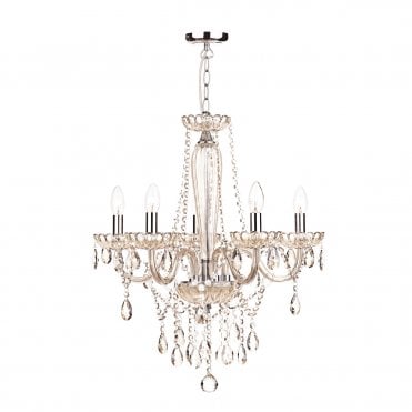 champagne glass and chrome five light chandelier
