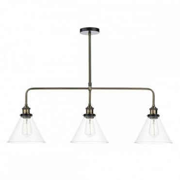 Ray 3 Light Bar Pendant in Antique Brass with Glass Shades