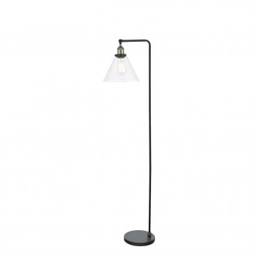 Matt black industrial style floor lamp with glass cone shade and antique brass accents