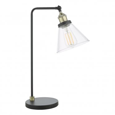 Black metal table lamp with glass shade and antique brass accents