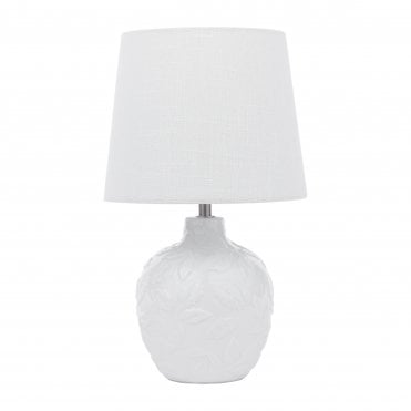 white ceramic table lamp with tapered drum shade