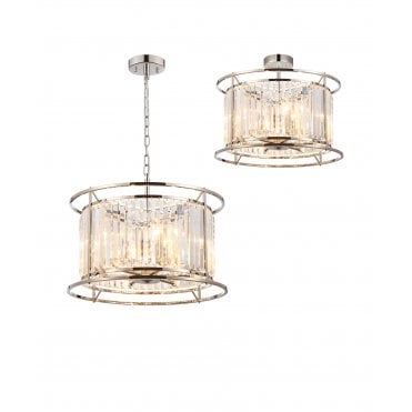 semi flush/pendant 6 light nickel and crystal