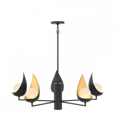 5 light ceiling pendant in black and gold with opal diffusers