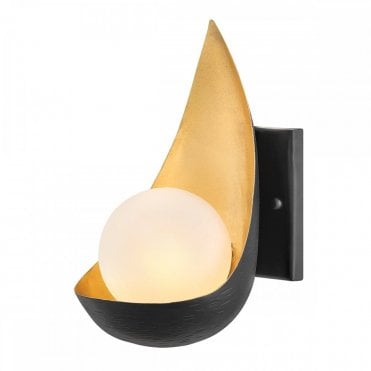 contemporary wall light in black and gold with opal globe diffuser