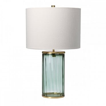 table lamp with green glass base and aged brass details