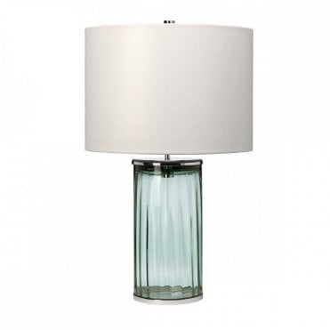 green rippled glass table lamp with polished nickel details and white drum shade