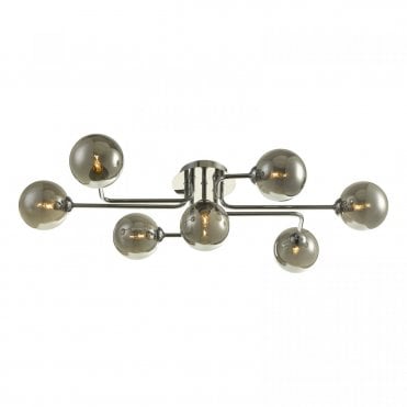 7 Light ceiling semi flush in chrome with smoked glass shades