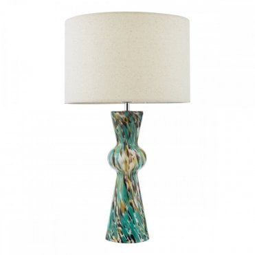 Rheneas blue confetti glass table lamp with natural linen drum shade and polished chrome detailing