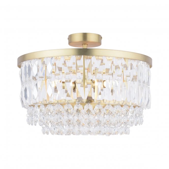 Rhosill 3 Light Semi Flush Crystal and Matt Antique Brass