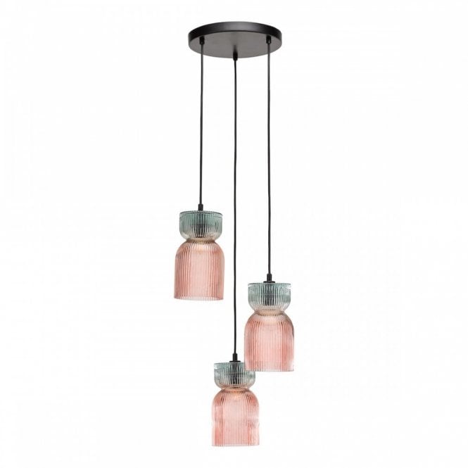 Rhubarb 3 Light Cluster Pendant - Black with Pink & Green Ribbed Glass