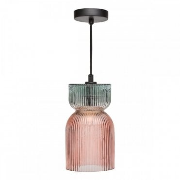 Rhubarb Ceiling Pendant - Black with Pink & Green Ribbed Glass