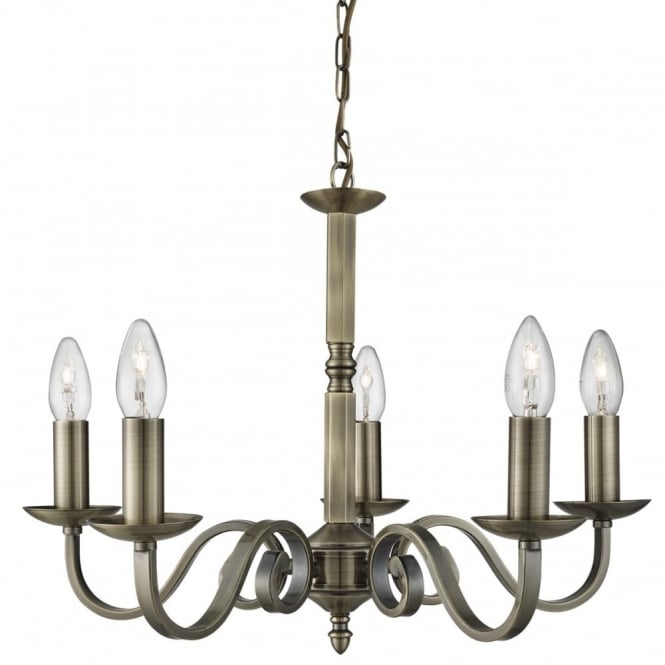 RICHMOND - 5 Light Ceiling Pendant Scroll Arms Antique Brass