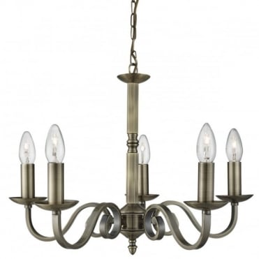 5 Light Ceiling Pendant Scroll Arms Antique Brass