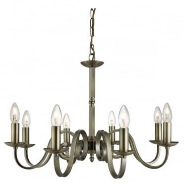 8 Light Ceiling Pendant Scroll Arms Antique Brass