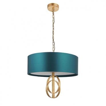 Double Hoop Gold Leaf Pendant Light With Large Teal Shade