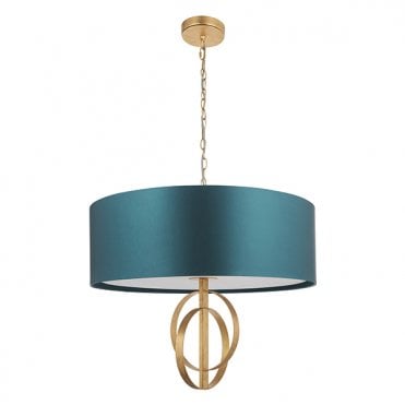 Double Hoop Gold Leaf Pendant Light With XL Teal Shade