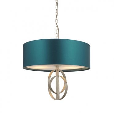 RIDLEY Double Hoop Silver Leaf Pendant Light With Large Teal Shade