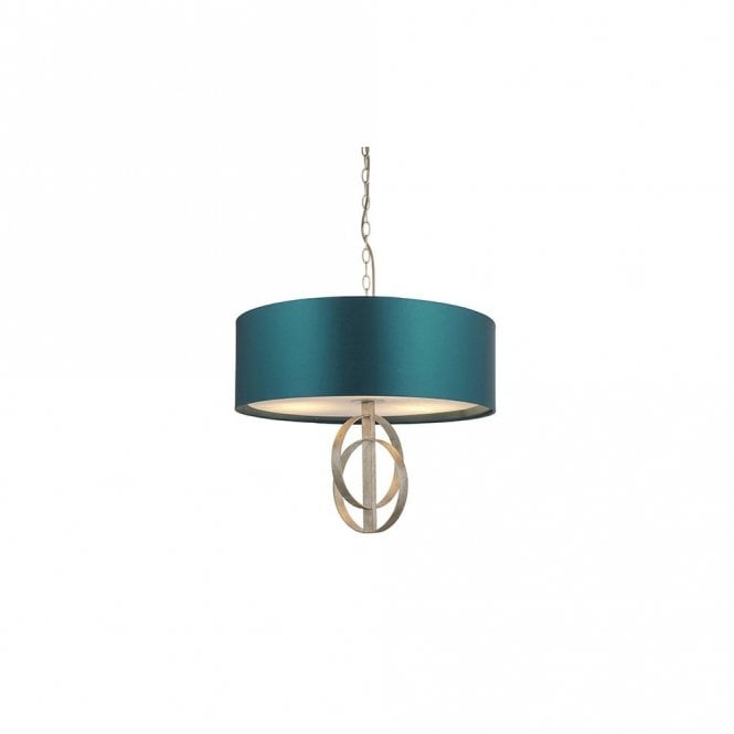 RIDLEY Double Hoop Silver Leaf Pendant Light With Large Teal Shade
