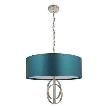 RIDLEY Double Hoop Silver Leaf Pendant Light With Xl Teal Shade