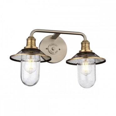 mesh hooded two light wall light in brass and nickel with seeded glass