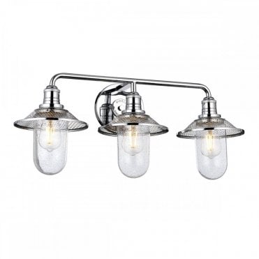 3 light wall light in chrome with mesh shades and seeded glass