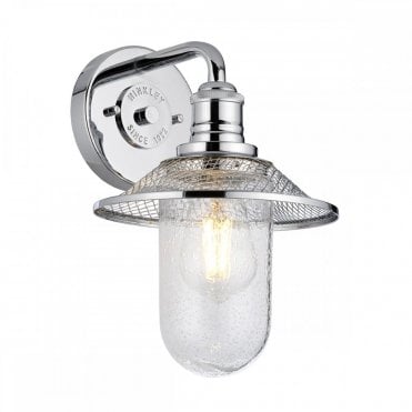 polished chrome wall light with mesh hood and seeded glass shade